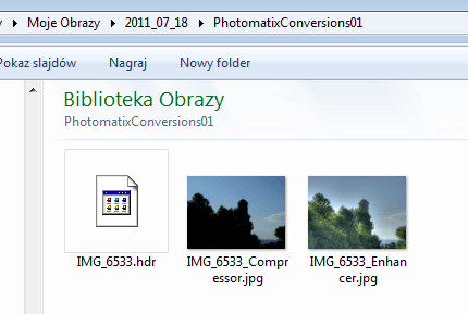 Zawartość folderu w którym Photomatix zapisał plik *.hdr i skompresowane dwoama metodamu zdjęcia