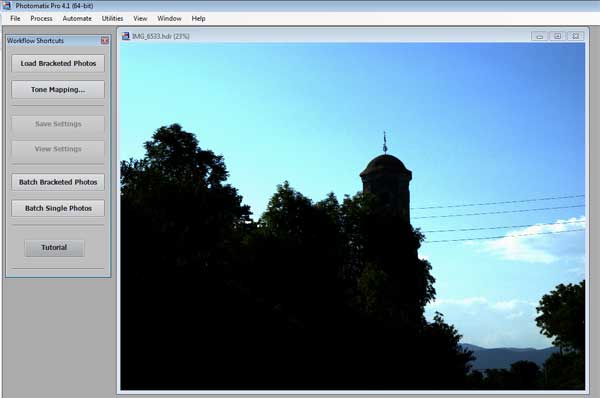Widok ekranu po otwarciu pliku *.hdr programem Photomatix